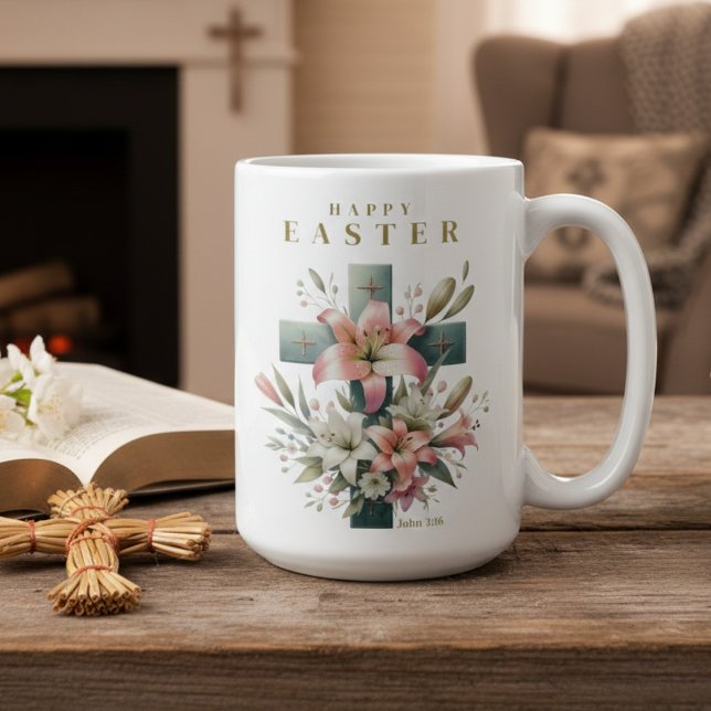 Schönes Christliches Ostern mit Blumenkreuz Kaffeetasse (Beautiful Floral Cross Christian Easter Coffee Mug)