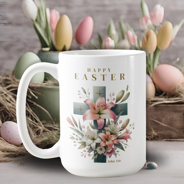 Schönes Christliches Ostern mit Blumenkreuz Kaffeetasse (Beautiful Floral Cross Christian Easter Coffee Mug)