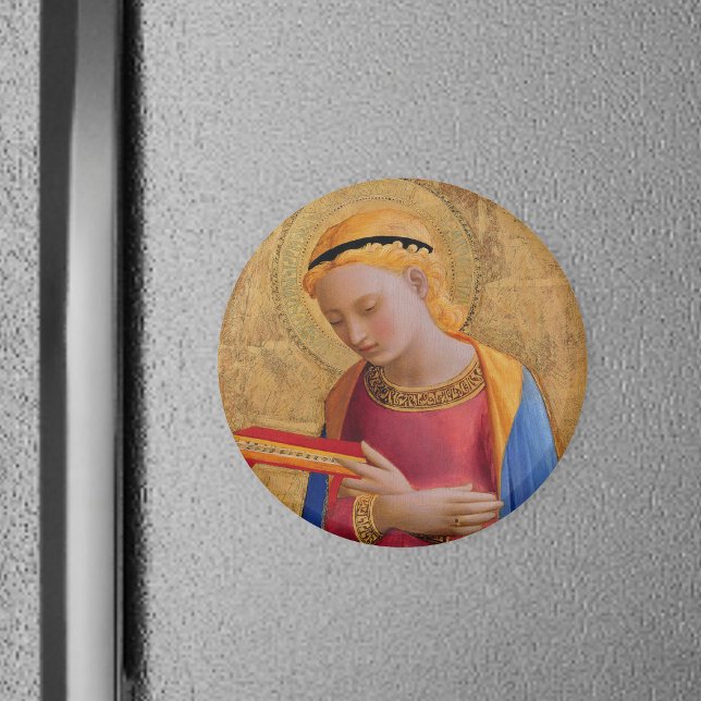 Schönes Christliches Vintages Angel-Heiligbuch Magnet (Holy Angel Christian figure holy book golden halo in pink dress on round magnet.)