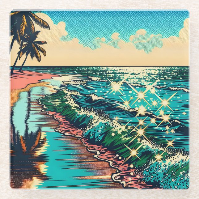 Schönes Comic Pop Art Style Beach Szene Glasuntersetzer (Vorderseite)