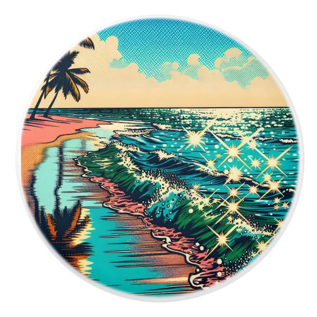 Schönes Comic Pop Art Style Beach Szene Keramikknauf (Vorderseite)