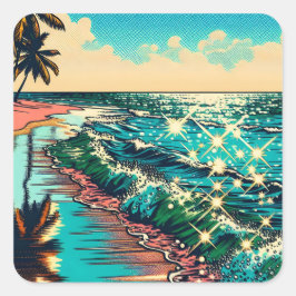 Schönes Comic Pop Art Style Beach Szene Quadratischer Aufkleber