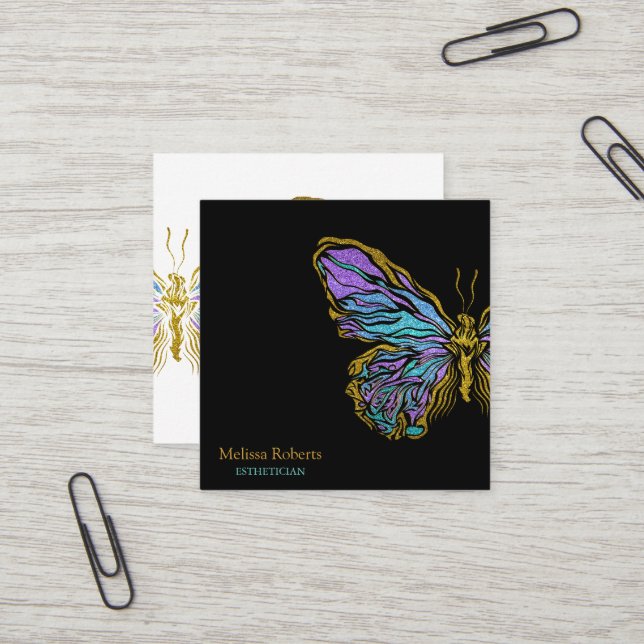 Schönes dekoratives Butterfly-Logo Schwarz Quadratische Visitenkarte (Vorderseite/Rückseite Beispiel)