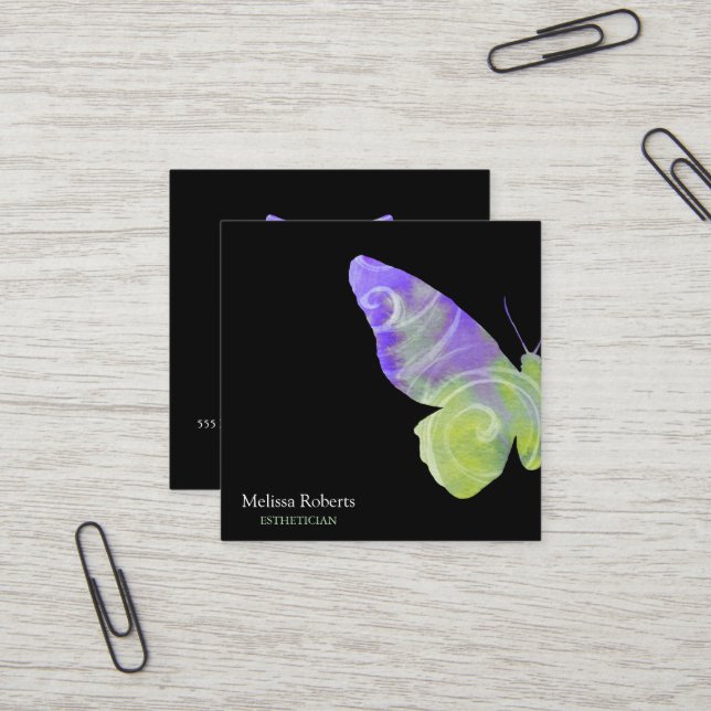 Schönes dekoratives Butterfly-Logo Schwarz Quadratische Visitenkarte (Vorderseite/Rückseite Beispiel)
