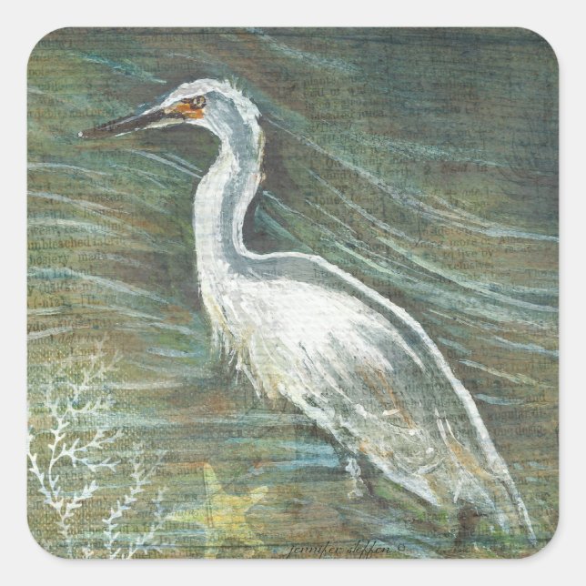 Schönes Egret Shorebird Wading Quadratischer Aufkleber (Vorderseite)