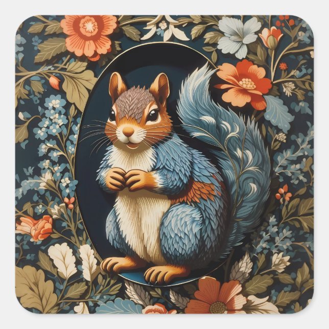 Schönes Eichhörnchen William Morris Inspiriert Quadratischer Aufkleber (Vorderseite)