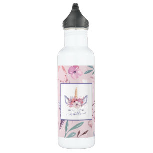 Schönes Einhorn-Gesicht mit Blumenmotiven Edelstahlflasche