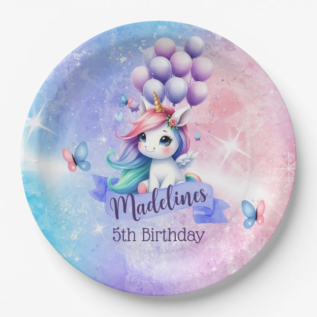 Schönes Einhorn mit Balloons Papier Teller (Vorderseite)