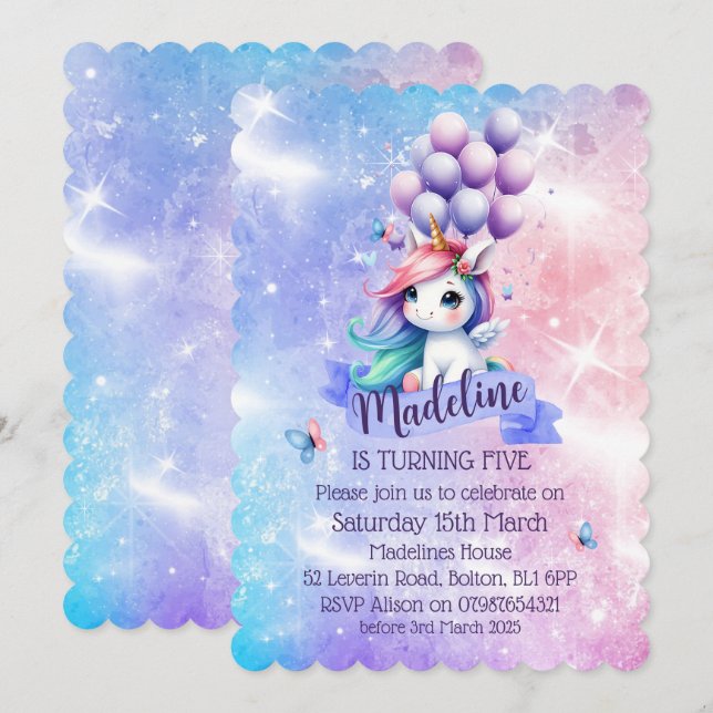 Schönes Einhorn mit Balloons Thema Einladungen (Vorne/Hinten)