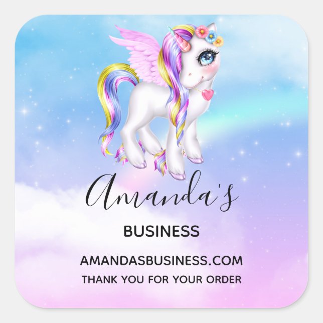 Schönes Einhorn mit Rainbow Mane Business Quadratischer Aufkleber (Vorderseite)