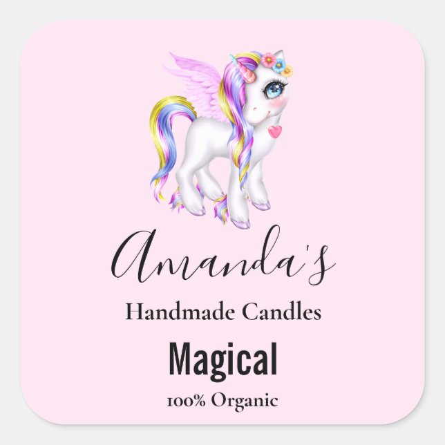 Schönes Einhorn mit Rainbow Mane & Schwanz Candle Quadratischer Aufkleber (Vorderseite)