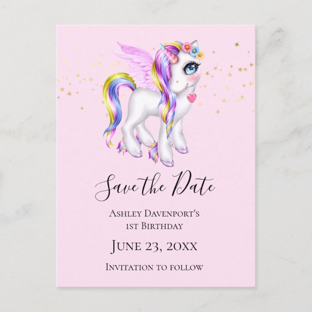 Schönes Einhorn mit Regenbogenmane Save the Date Einladungspostkarte (Vorderseite)