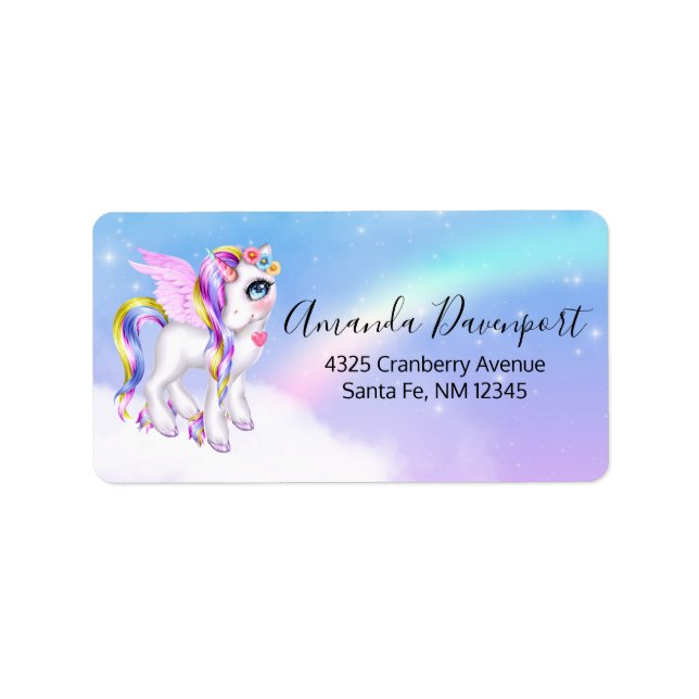 Schönes Einhorn mit Regenbogenmane und Schwanz Adressaufkleber (Vorne)