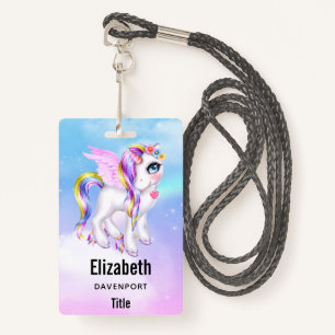 Schönes Einhorn mit Regenbogenmane und Schwanz Ausweis
