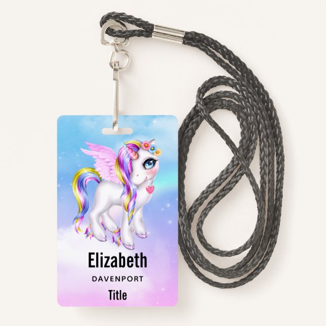 Schönes Einhorn mit Regenbogenmane und Schwanz Ausweis (Vorderseite mit Schlüsselband)