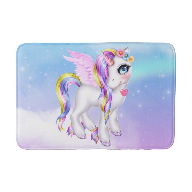 Schönes Einhorn mit Regenbogenmane und Schwanz Badematte (Vorderseite)