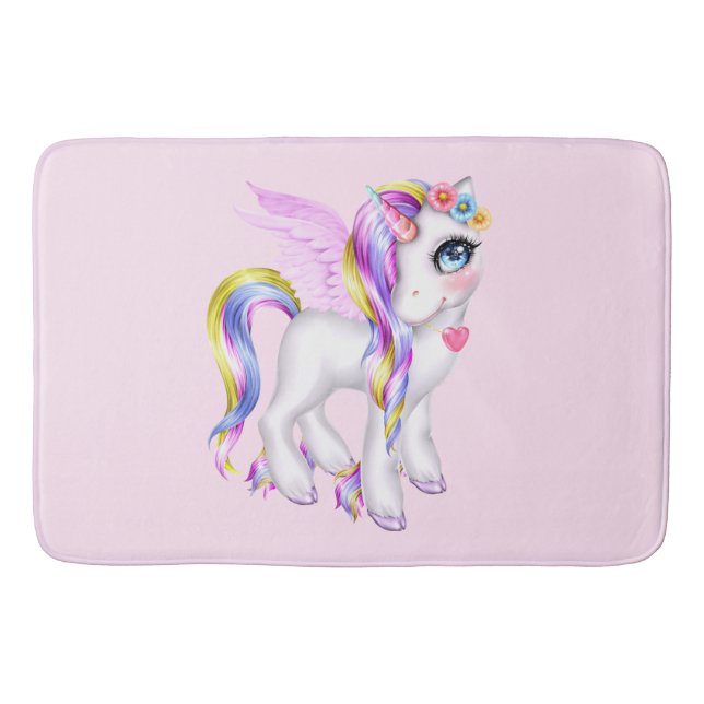 Schönes Einhorn mit Regenbogenmane und Schwanz Badematte (Vorderseite)