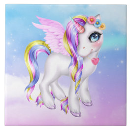 Schönes Einhorn mit Regenbogenmane und Schwanz Fliese
