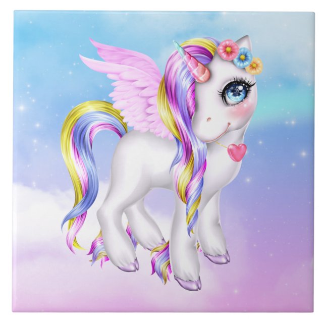 Schönes Einhorn mit Regenbogenmane und Schwanz Fliese (Vorderseite)