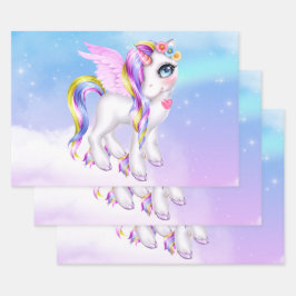 Schönes Einhorn mit Regenbogenmane und Schwanz Geschenkpapier Set