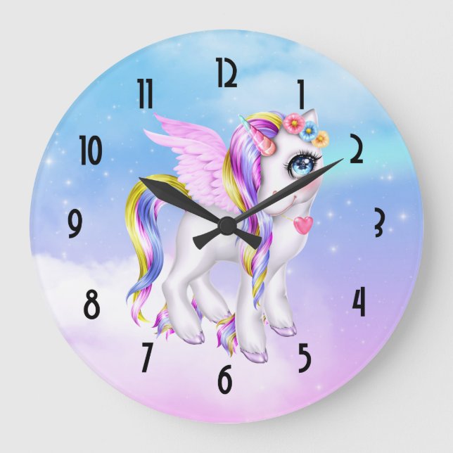 Schönes Einhorn mit Regenbogenmane und Schwanz Große Wanduhr (Vorderseite)