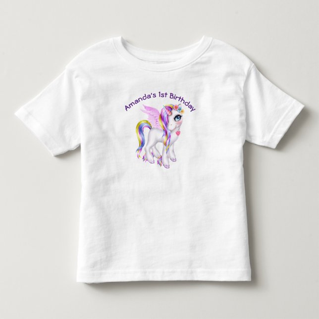 Schönes Einhorn mit Regenbogenmane und Schwanz Kleinkind T-shirt (Vorderseite)