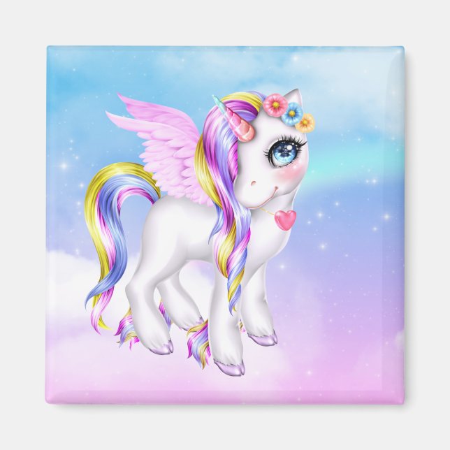 Schönes Einhorn mit Regenbogenmane und Schwanz Magnet (Vorne)