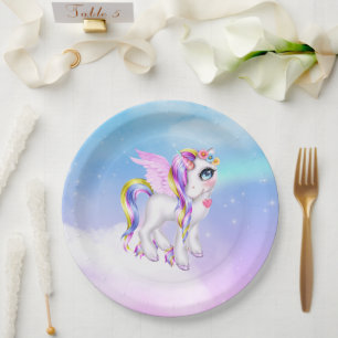 Schönes Einhorn mit Regenbogenmane und Schwanz Pappteller