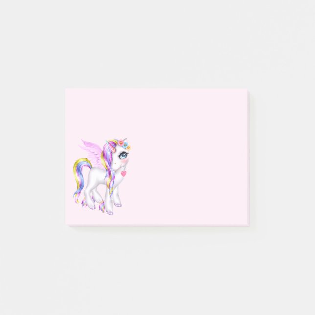 Schönes Einhorn mit Regenbogenmane und Schwanz Post-it Klebezettel (Vorderseite)