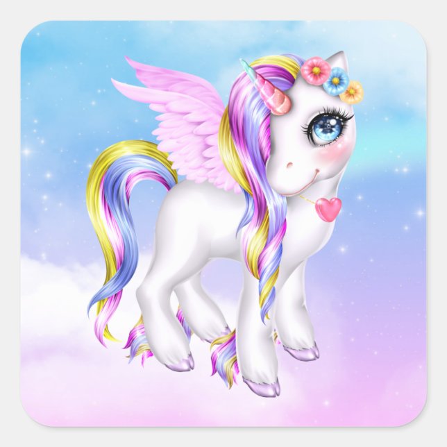 Schönes Einhorn mit Regenbogenmane und Schwanz Quadratischer Aufkleber (Vorderseite)