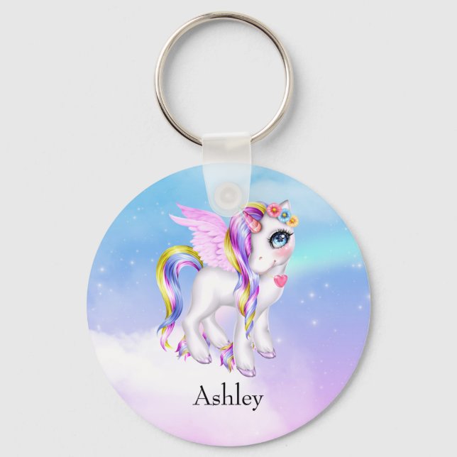 Schönes Einhorn mit Regenbogenmane und Schwanz Schlüsselanhänger (Vorderseite)