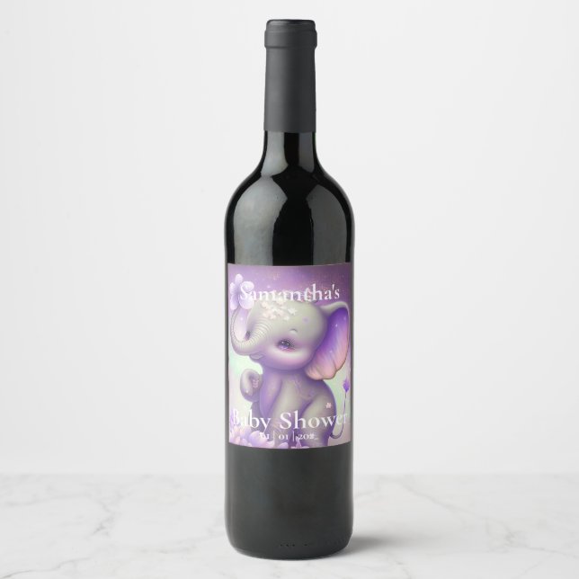Schönes Elefant lila Babydusche Weinetikett (Vorderseite)