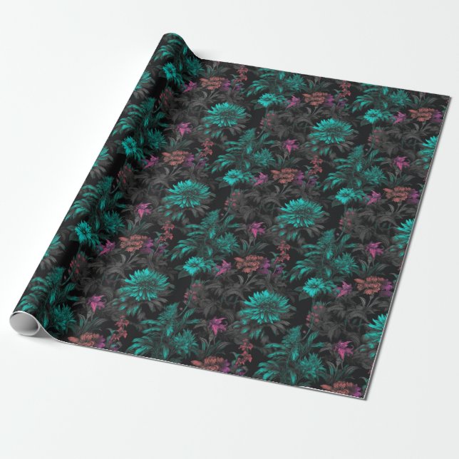 Schönes elegantes, dunkles Aquamarines Blumenmuste Geschenkpapier (Ungerollt)