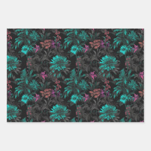 Schönes elegantes, dunkles Aquamarines Blumenmuste Geschenkpapier Set