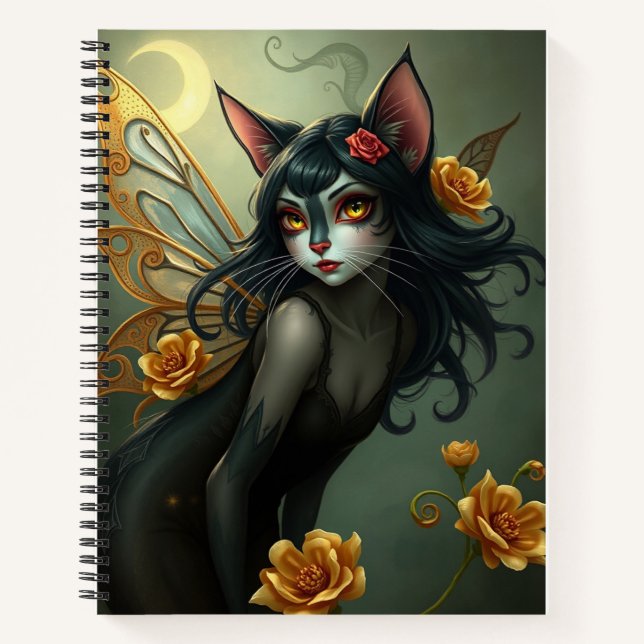 Schönes Fantasy Cat Fairy Art Notebook Notizbuch (Vorderseite)