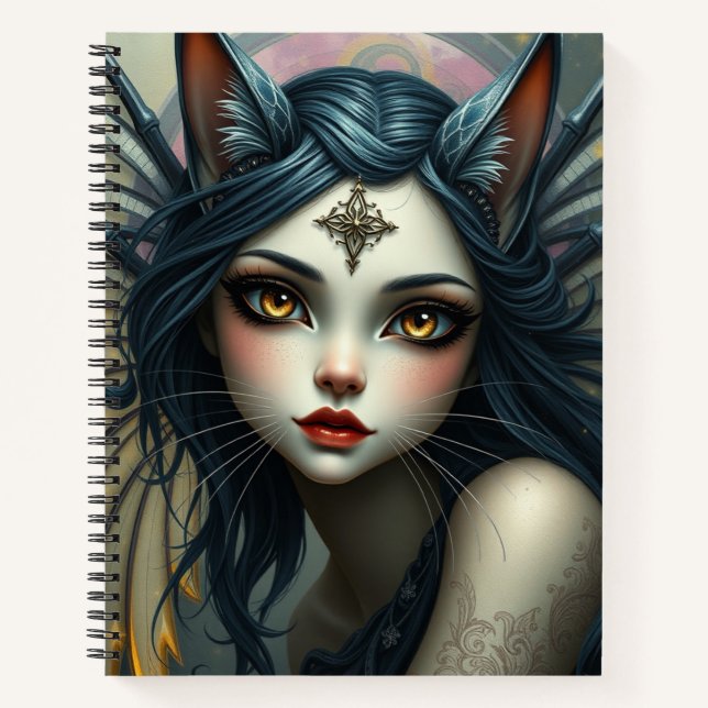 Schönes Fantasy Cat Fairy Art Notebook Notizbuch (Vorderseite)