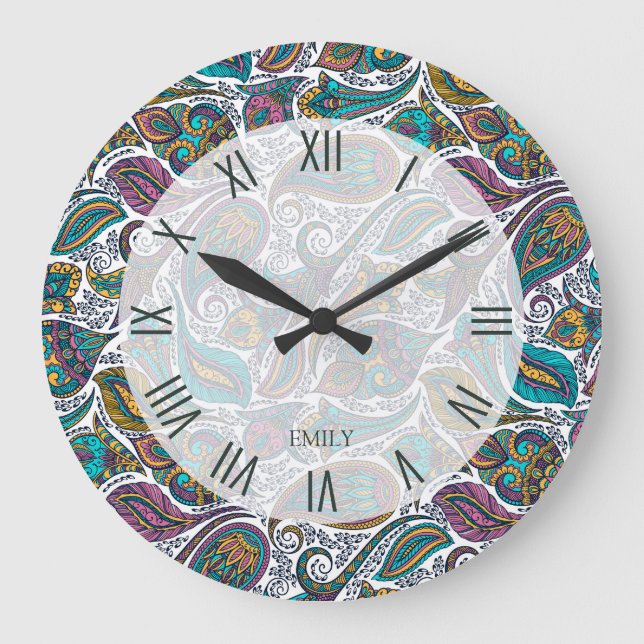 Schönes, farbenfrohes ethnisches Paisley-Muster Große Wanduhr (Vorderseite)