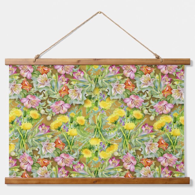 Schönes, farbenfrohes Muster, rosa gelb Wandteppich Mit Holzrahmen (Vorne)