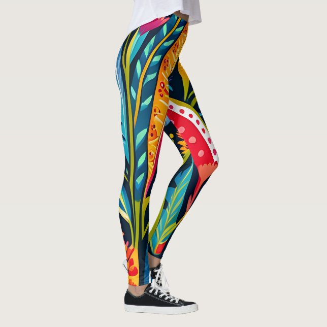 Schönes, farbiges Otomi-Blumenmuster Leggings (Rechts)