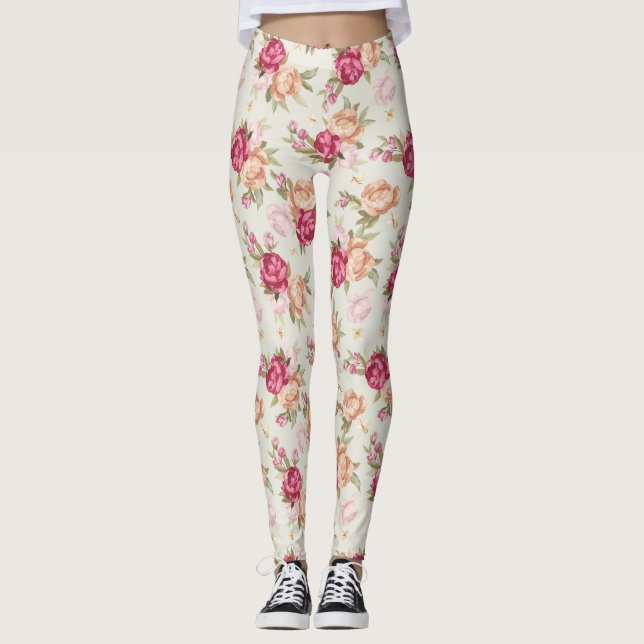 Schönes Farbpfingstrosenmuster auf Grün Leggings (Vorderseite)