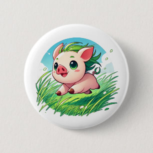 Schönes Ferkel mit grünem Haar Button