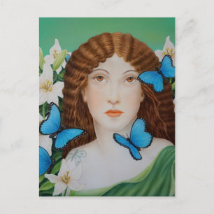 Schönes Frauengesicht mit Schmetterling und Blume Postkarte