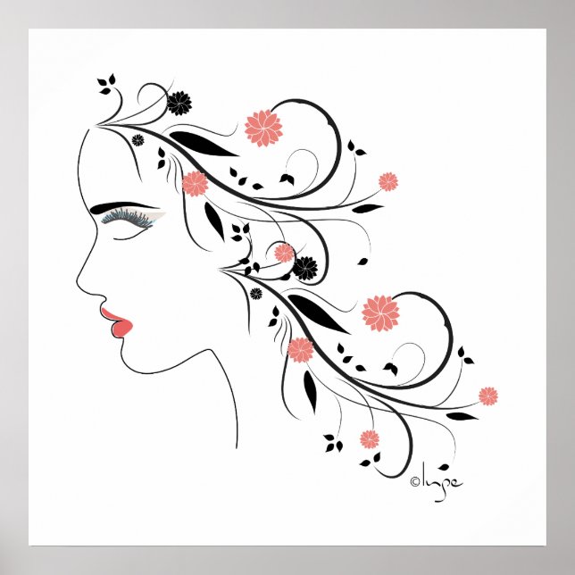 Schönes Frauenprofil mit Blume und Wirbel Poster (Vorne)