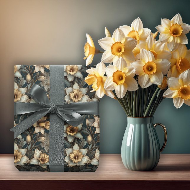 Schönes Frühlingsbarock Daffodien Blumenmuster Geschenkpapier (Beautiful Spring Baroque Daffodils Floral Seamless Pattern Wrapping Paper)