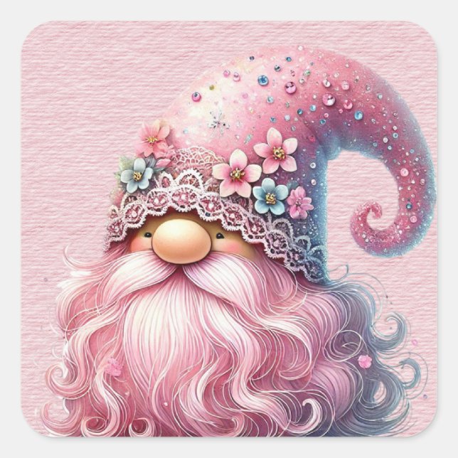 Schönes Funkelnd Rosa Gnome Quadratischer Aufkleber (Vorderseite)