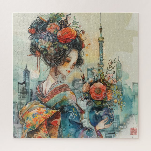 Schönes Geisha mit Blume (Vertikal)