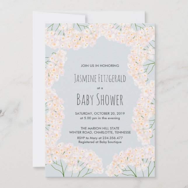 Schönes Gipskraut Floral Baby Dusche Einladung (Vorderseite)