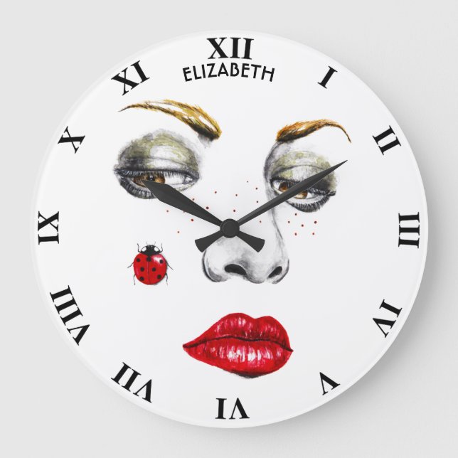 Schönes Girl-Gesicht Zeichnend mit Ladybug Große Wanduhr (Vorderseite)