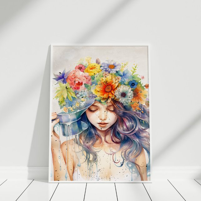 Schönes Girl-Portrait mit Blume im Kopf Poster (Beautiful Girl Portrait with Flowers in Her Head Poster in white frame against white wall.)