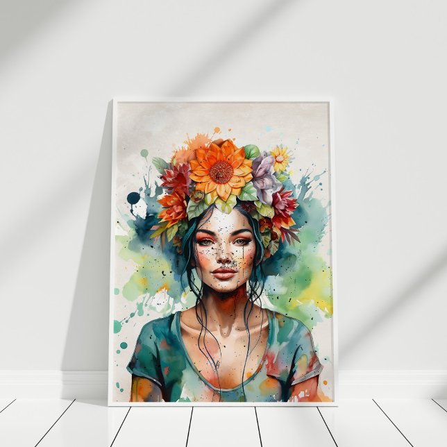 Schönes Girl-Portrait mit Blume im Kopf Poster (Beautiful Girl Portrait with Flowers in Her Head Poster in white frame against white wall.)